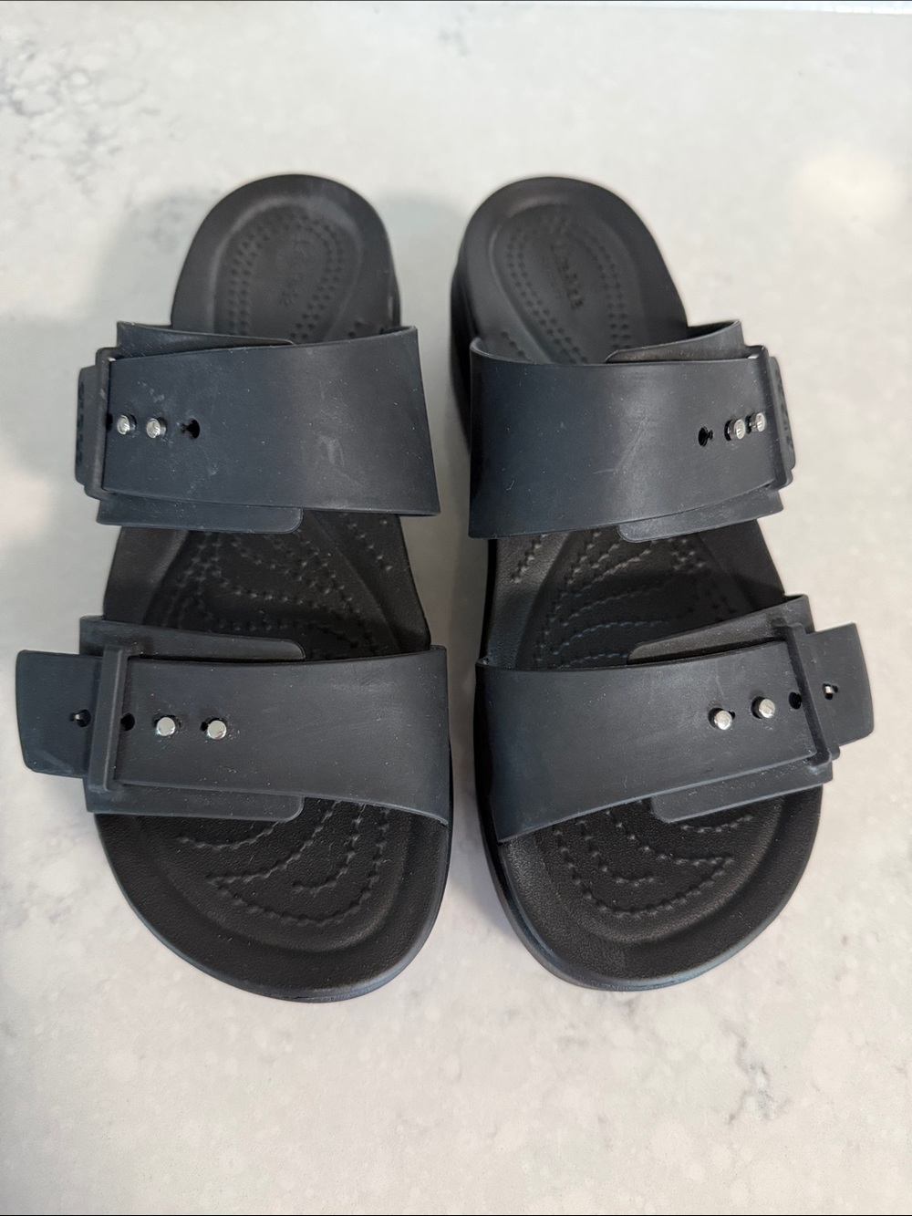 Crocs Brooklyn Black Low Wedge Adjustable Double-Strap Sandals-size 7W